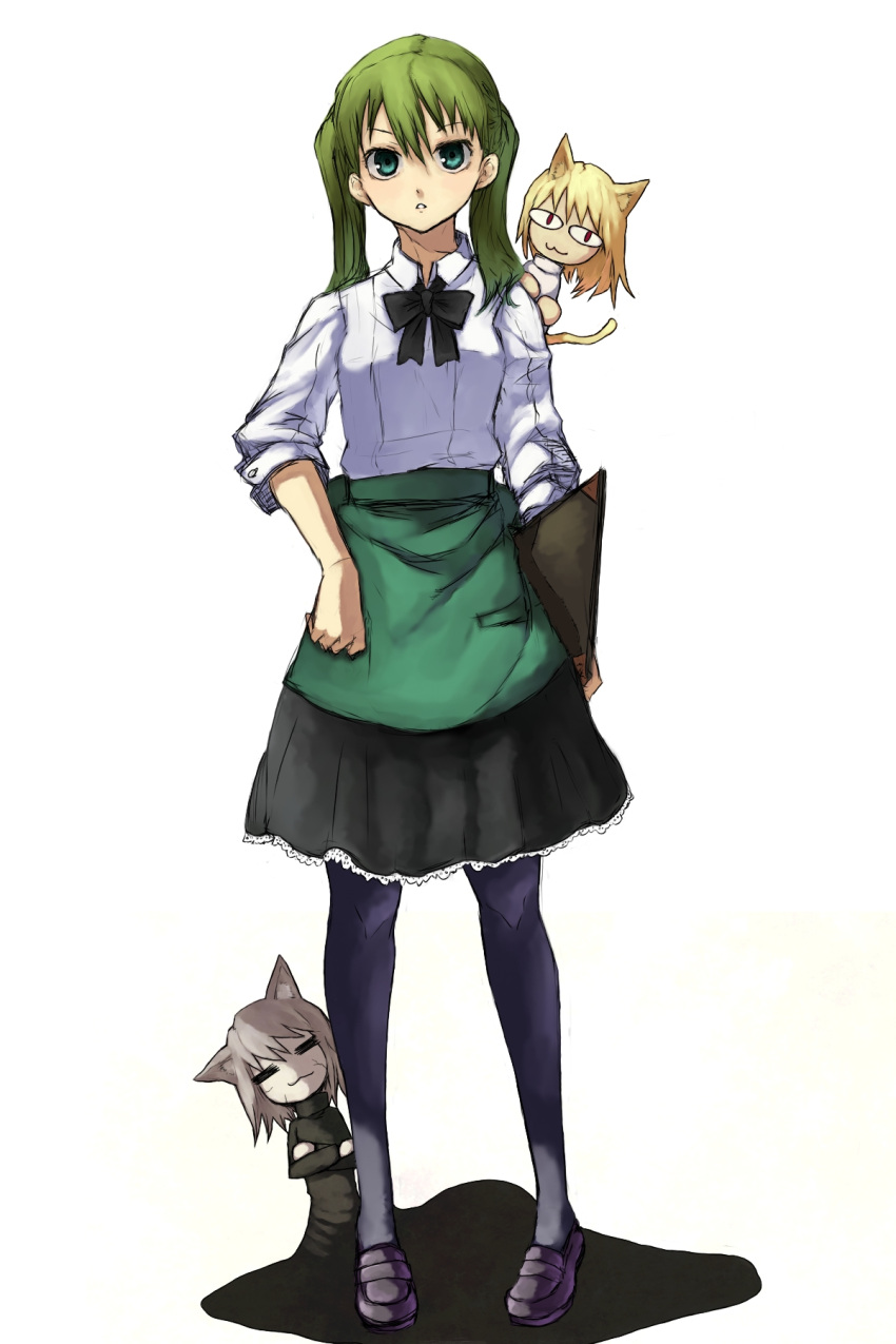 black_stockings, blonde_hair, bow, cat_ears, cat_tail, green_eyes, green_hair, hibino_hibiki
