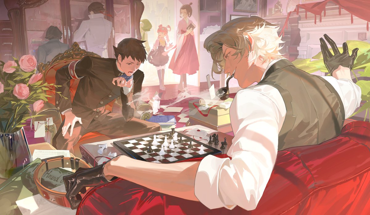 3girls, 4boys, ace_attorney, armband, black_gloves, black_hair, black_jacket, blonde_hair