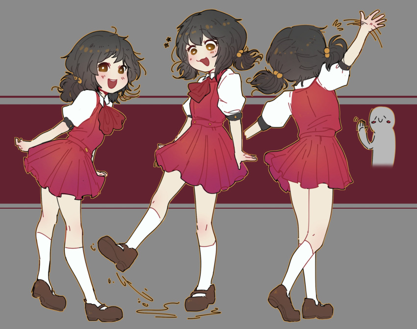 1girl, :d, ascot, black_hair, blush, brown_eyes, brown_shoes, dress
