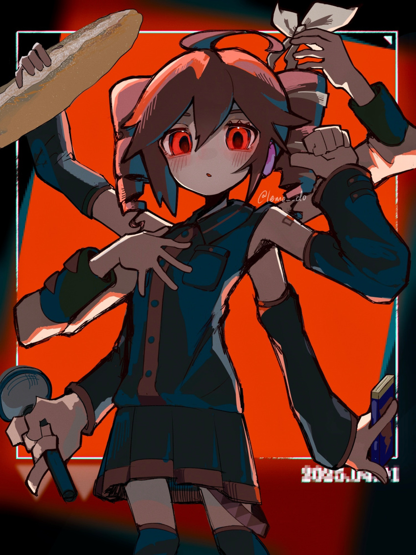 1girl, ahoge, arms_up, baguette, bare_shoulders, black_boots, black_shirt, black_skirt