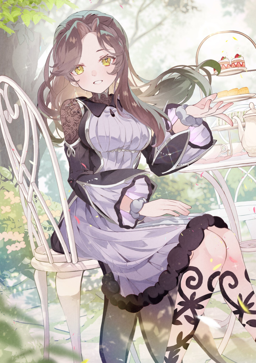 1girl, aromage, brown_hair, dessert, duel_monster, food, garden, highres