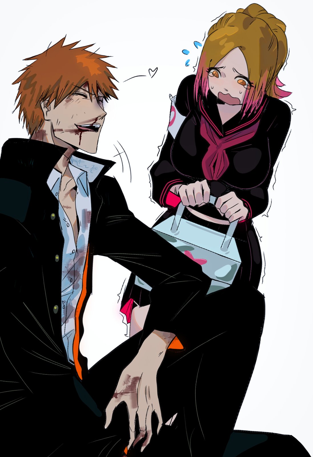 1boy, 1girl, 31ulkubo, bleach, highres, inoue_orihime, kurosaki_ichigo, laughing