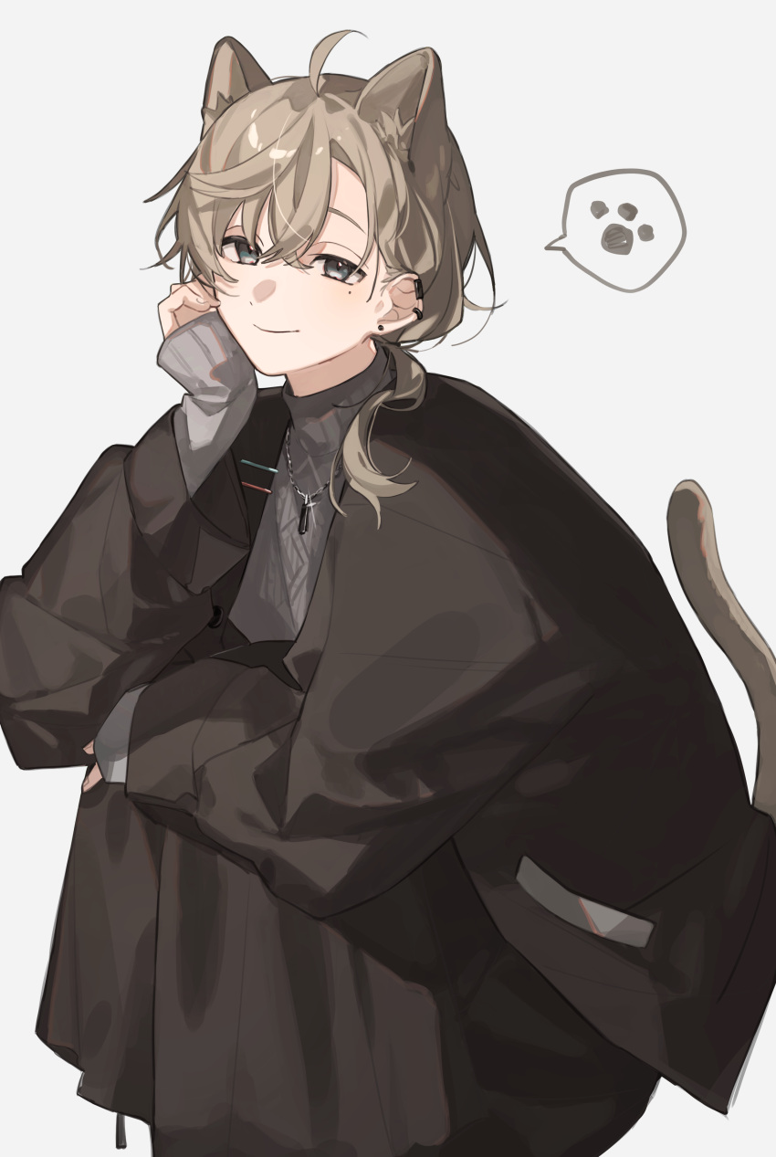 1boy, absurdres, ahoge, animal_ears, black_jacket, brown_hair, cat_ears, cat_tail
