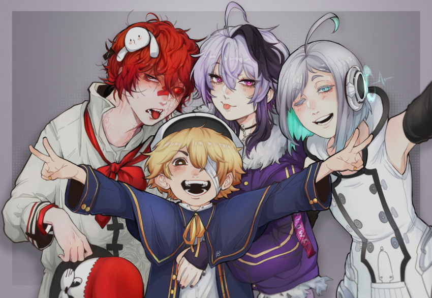 1girl, 3boys, :d, ahoge, androgynous, aqua_eyes, aqua_hair, bandage_over_one_eye