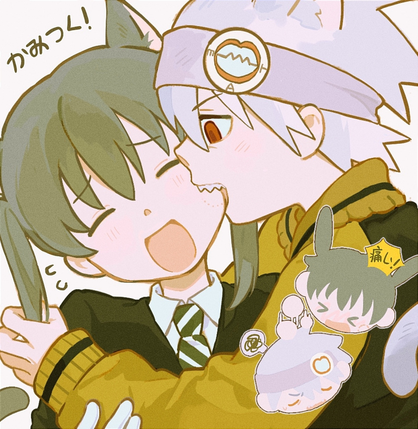 >_<, 1boy, 1girl, anger_vein, animal_ears, bite_mark, bite_mark_on_face, biting