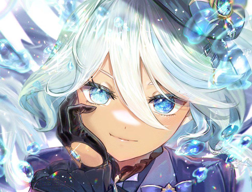 1girl, aquact, black_gloves, blue_bow, blue_eyes, blue_gemstone, blue_hair, bow