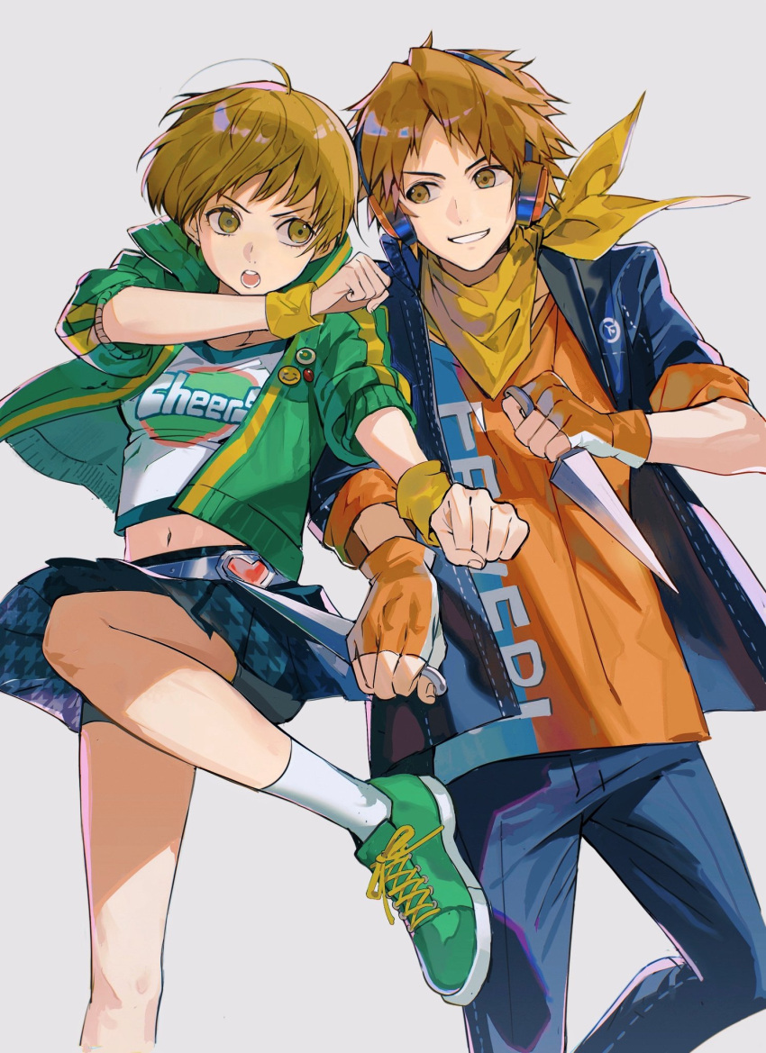 1boy, 1girl, bike_shorts, bike_shorts_under_skirt, black_jacket, black_pants, black_skirt, brown_eyes