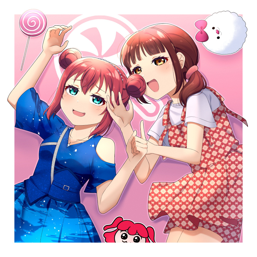 2girls, absurdres, animification, aqua_eyes, blue_shirt, blunt_bangs, border, brown_eyes