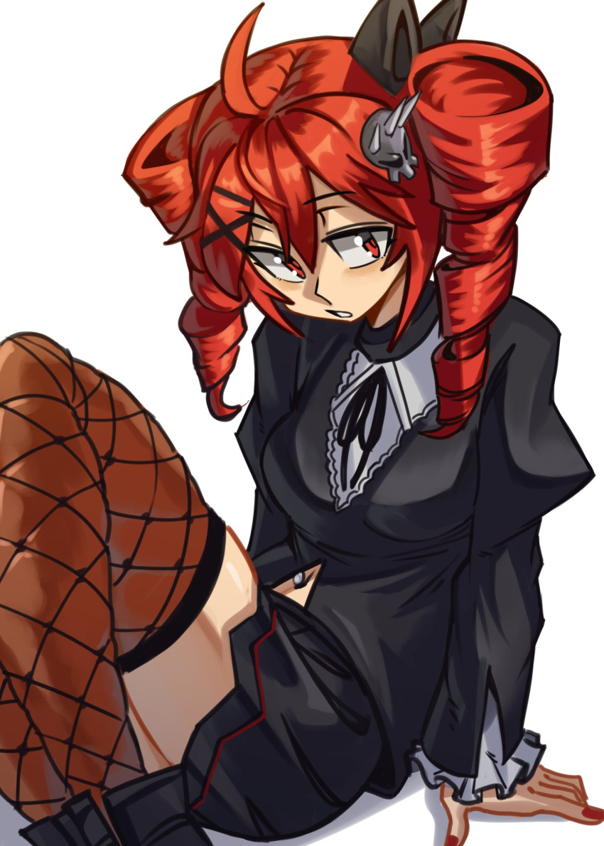 double-parted_bangs, drill_hair, fishnet_thighhighs, fishnets, goth_fashion, hair_ornament, highres, kasane_teto