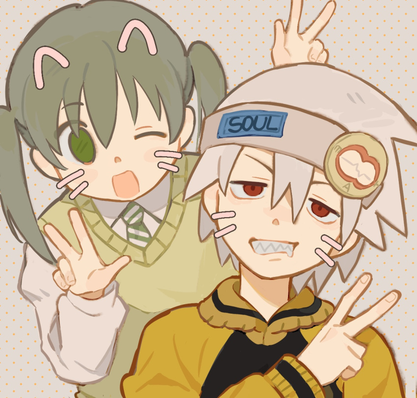 1boy, 1girl, ;d, collared_jacket, collared_shirt, commentary, drawn_ears, drawn_whiskers