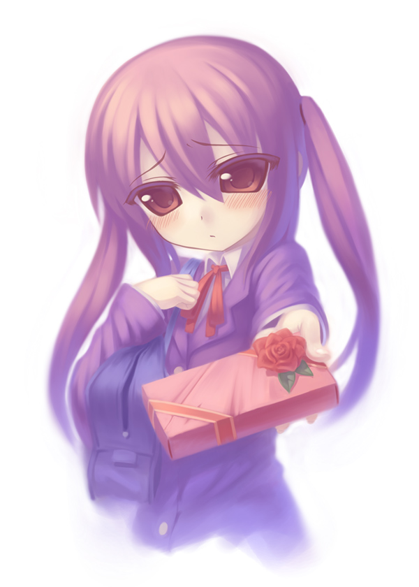 brown_hair, holding, holding_gift, incoming_gift, k-on!, nakano_azusa, red_eyes, school_uniform