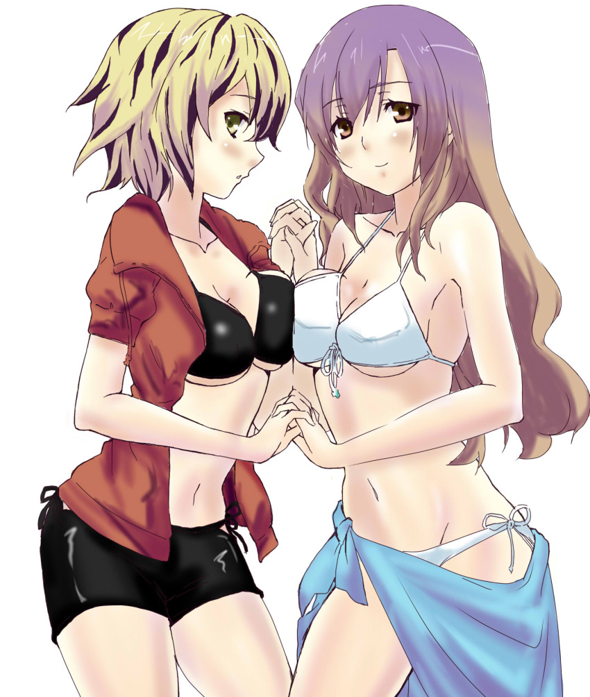bikini, black_hair, blonde_hair, breast_press, breasts, cleavage, cyiell_(c1), front-tie_top, gradient_hair, hand_holding, hands_clasped, highres, hijiri_byakuren, holding_hands, interlocked_fingers, long_hair, multicolored_hair, multiple_girls, navel, open_clothes, open_shirt, purple_hair, sarong, shirt, short_hair, shorts, side-tie_bikini, simple_background, smile, swimsuit, symmetrical_docking, toramaru_shou, touhou, two-tone_hair, underboob, yellow_eyes