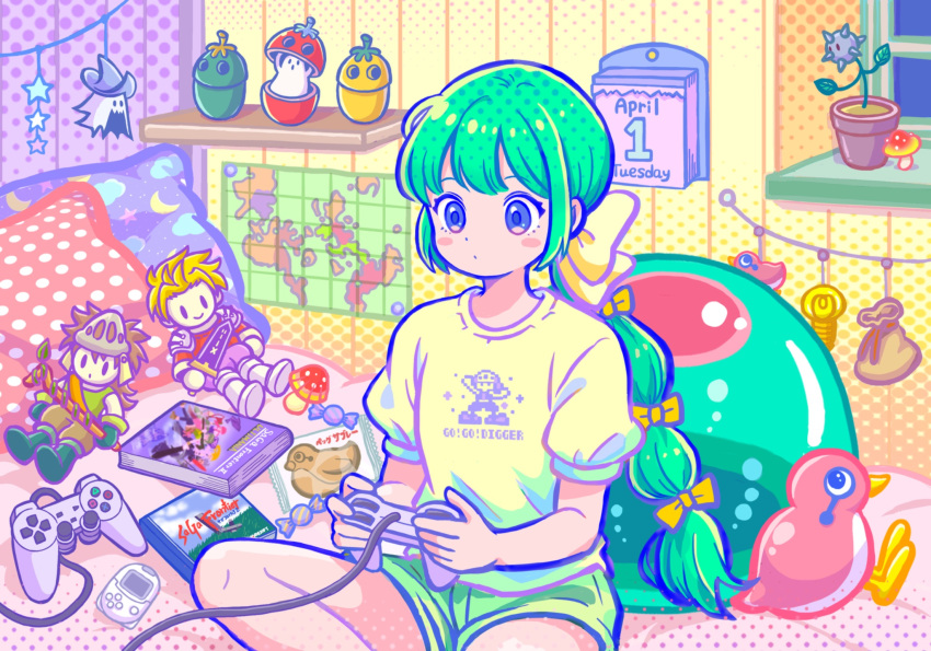 1girl, blush_stickers, calendar_(object), closed_mouth, green_hair, highres, long_hair, map