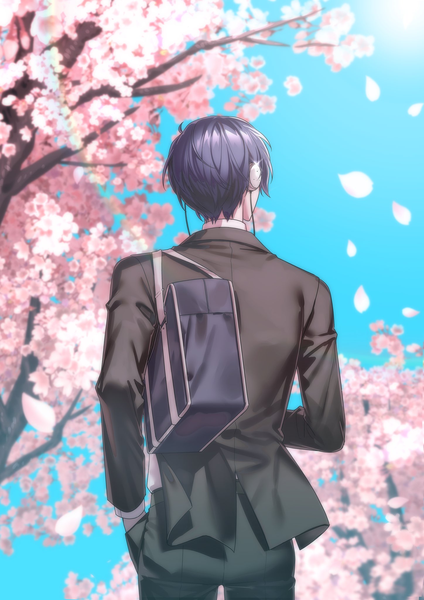 1boy, aircon11, bag, black_jacket, black_pants, blue_hair, blue_sky, blurry