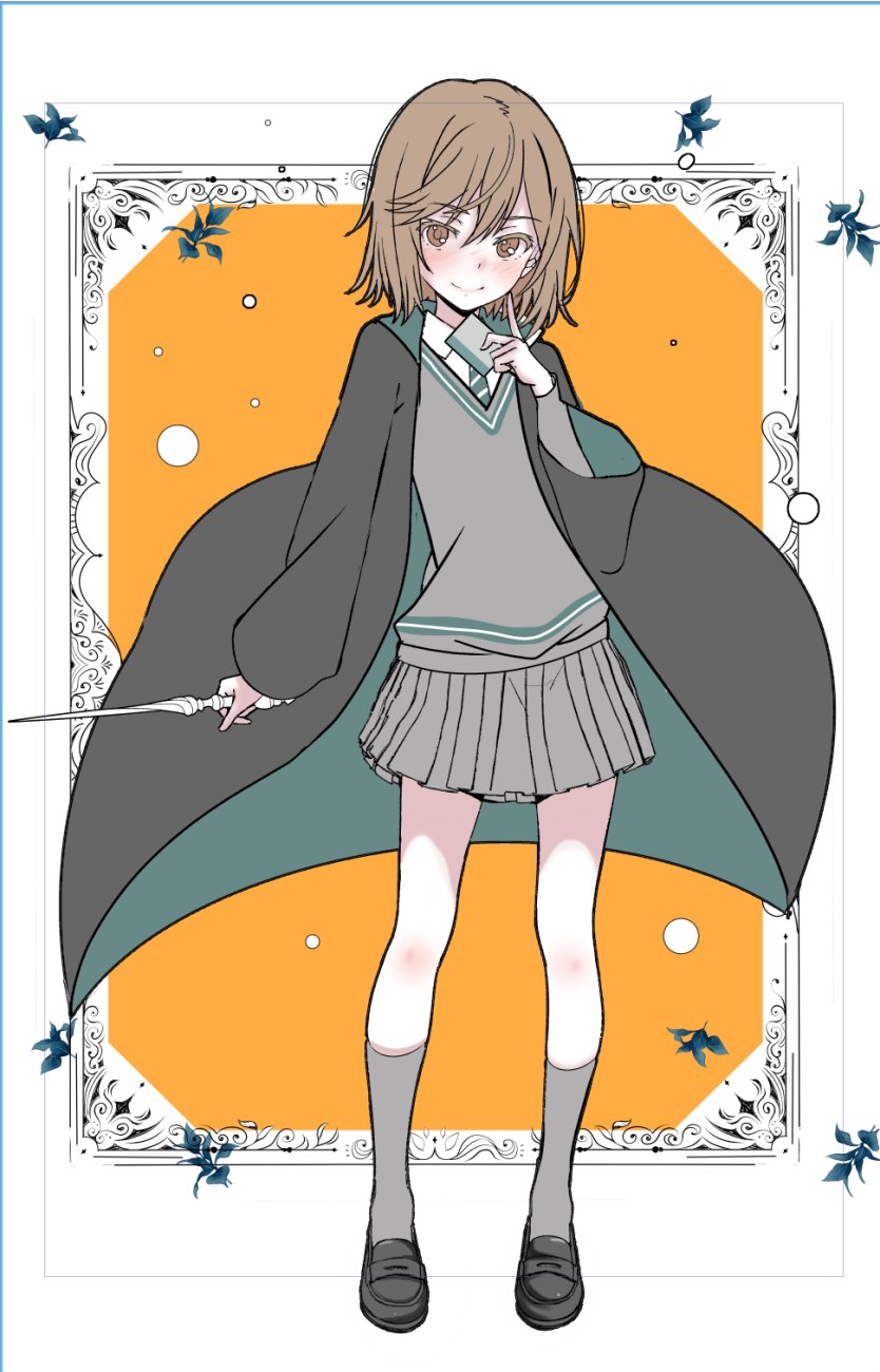 1girl, blush, border, brown_eyes, brown_hair, cloak, collared_shirt, commentary_request