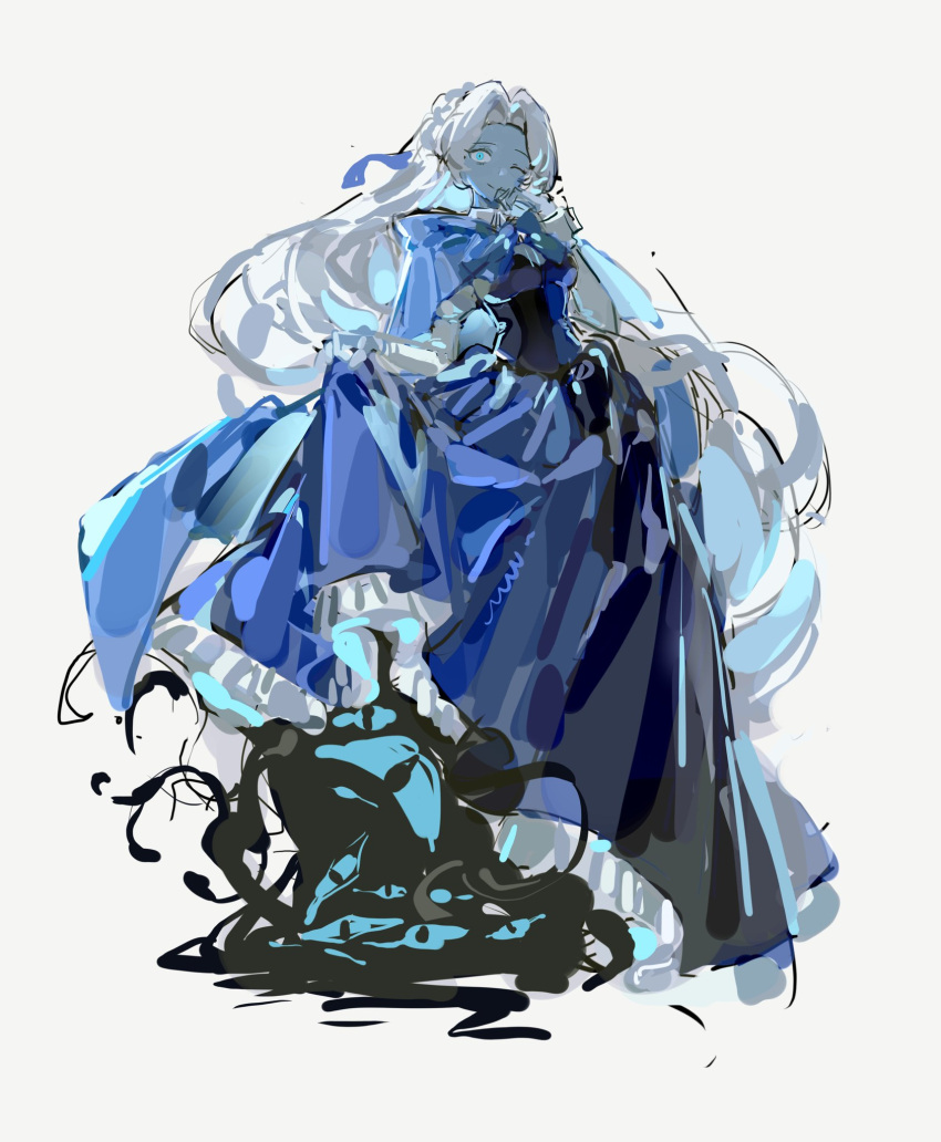 1boy, aqua_eyes, basket, blue_eyes, blue_flower, braid, chinese_commentary, cloak, commentary_request, cookie_run, cookie_run:_kingdom, crossdressing, f4d1a6, flower, flower_basket, heterochromia, highres, holding, holding_basket, hood, hooded_cloak, long_hair, looking_at_viewer, male_focus, otoko_no_ko, shadow_milk_cookie, smile, solo, translation_request, white_background, white_hair