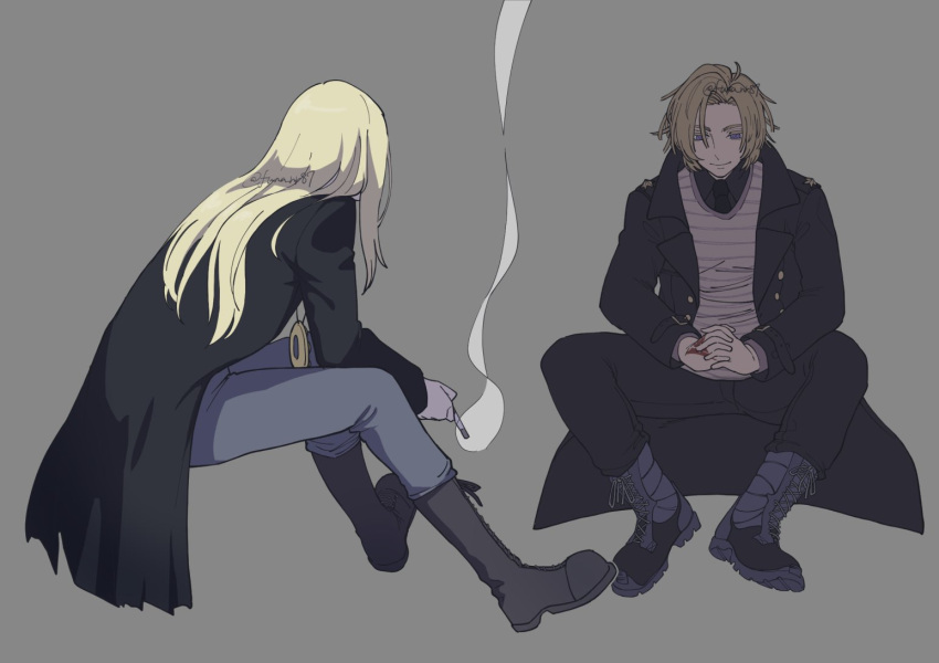 2boys, black_coat, black_pants, blonde_hair, coat, daybit_sem_void, fate/grand_order, fate_(series)