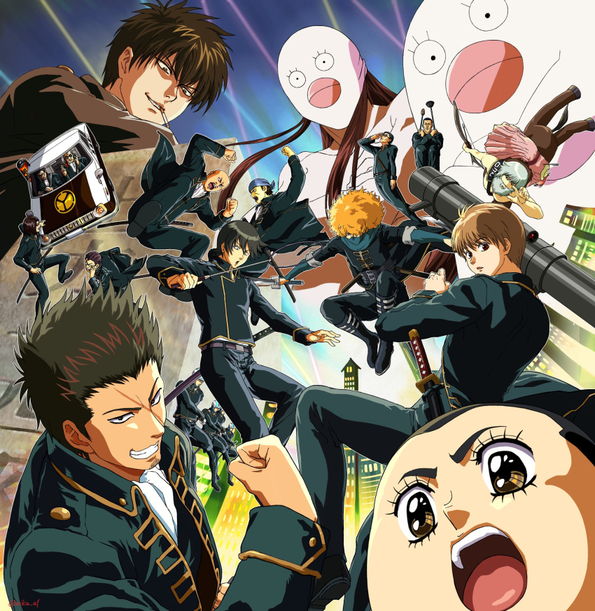 1girl, 1other, 6+boys, afro, anime_coloring, bazooka_(gundam), black_hair, car, centaur, cigarette, cosplay, elizabeth_(gintama), elizabeth_(gintama)_(cosplay), fake_beard, fake_facial_hair, gintama, glasses, gun, harada_unosuke, highres, hijikata_toushirou, holding, holding_gun, holding_sword, holding_weapon, kagura_(gintama), kamiyama_(gintama), katana, katsura_kotarou, kondou_isao, kumanaku_seizou, long_hair, matsudaira_katakuriko, military_uniform, motor_vehicle, multiple_boys, nika_a1, okita_sougo, orange_hair, red_hair, sakata_gintoki, scar, scar_on_face, shimaru_saitou, short_hair, sword, taur, tetsunosuke_sasaki, todou_bokosuke, weapon, white_hair, yamazaki_sagaru