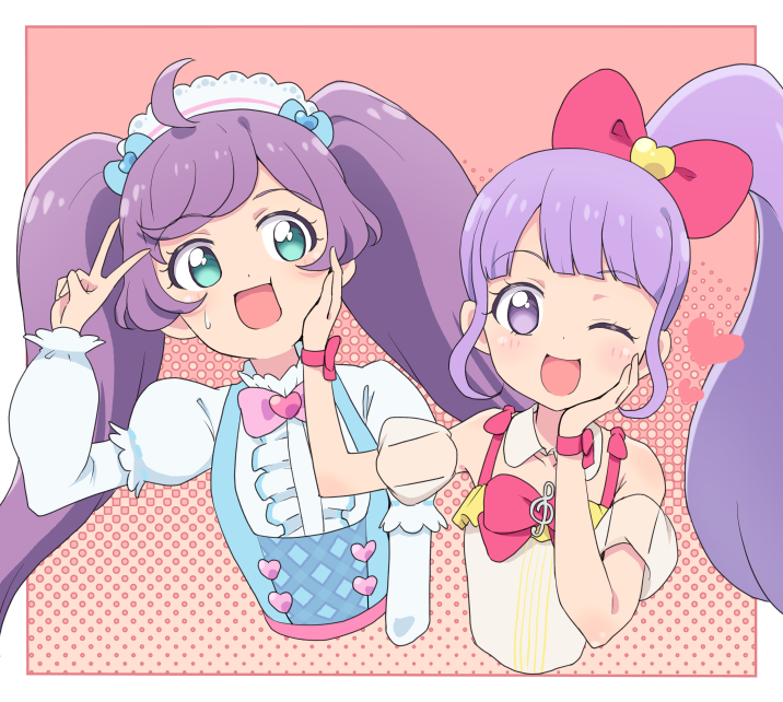 2girls, :d, ;d, ahoge, blunt_bangs, border, bow, cbgb