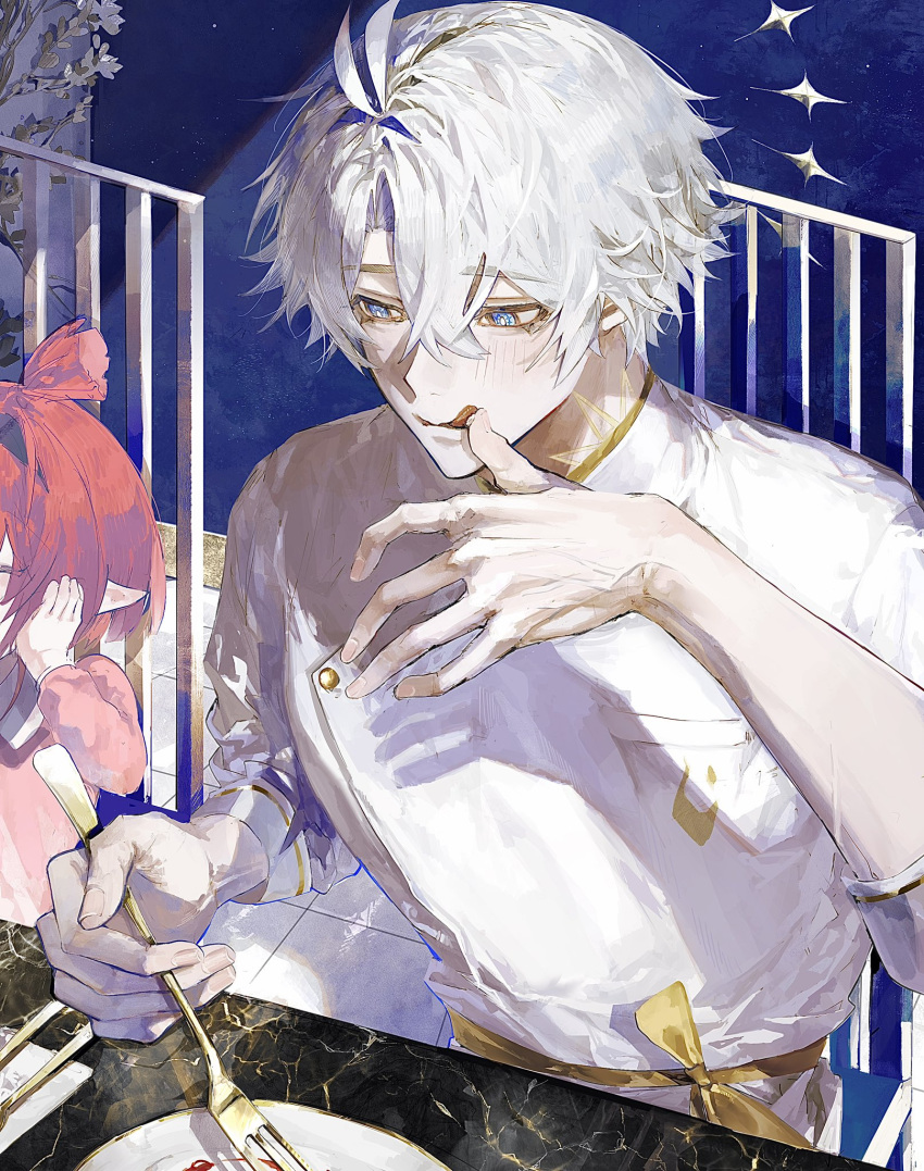 1boy, :p, antenna_hair, blue_eyes, blush, buttons, chef, coat, commentary, fork, hair_between_eyes, hand_on_own_face, highres, holding, holding_fork, honkai:_star_rail, honkai_(series), licking, licking_cum, male_focus, phainon_(chrysos_chef)_(honkai:_star_rail), phainon_(honkai:_star_rail), pink_shirt, plate, red_hair, sash, shirt, short_hair, sleeves_rolled_up, solo, sun_symbol, sun_tattoo, sunset_1830, tongue, tongue_out, tribbie_(honkai:_star_rail), white_coat, white_hair, yellow_sash