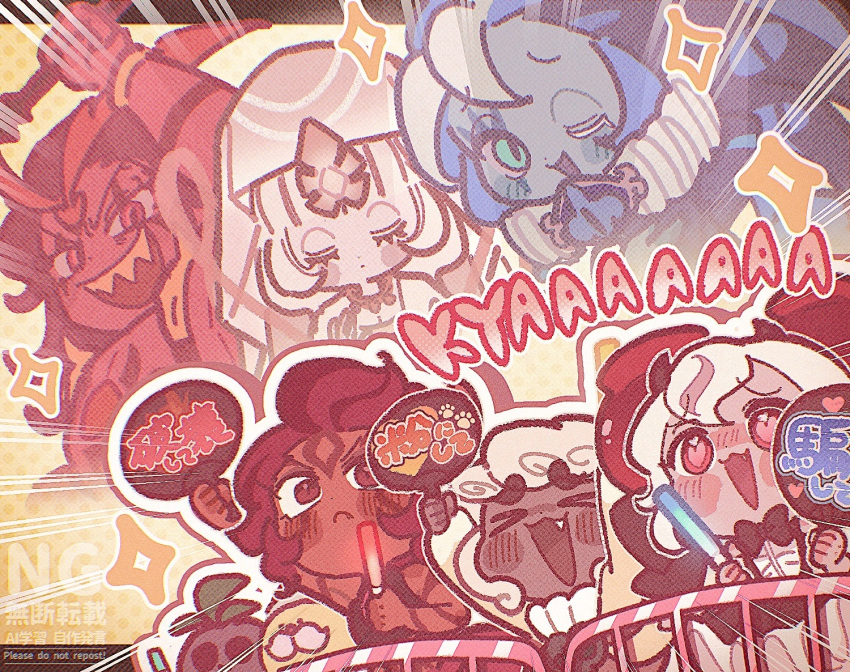 2boys, 3girls, 3others, black_hair, blue_skin, blush, burning_spice_cookie, candy_apple_cookie, closed_eyes, cloud_haetae_cookie, colored_skin, cookie_run, cookie_run:_kingdom, dark_skin, heart, heart-shaped_eyes, ishrkut, long_hair, multiple_boys, multiple_girls, multiple_others, mystic_flour_cookie, nutmeg_tiger_cookie, one_eye_closed, red_hair, shadow_milk_cookie, veil, white_hair, white_veil