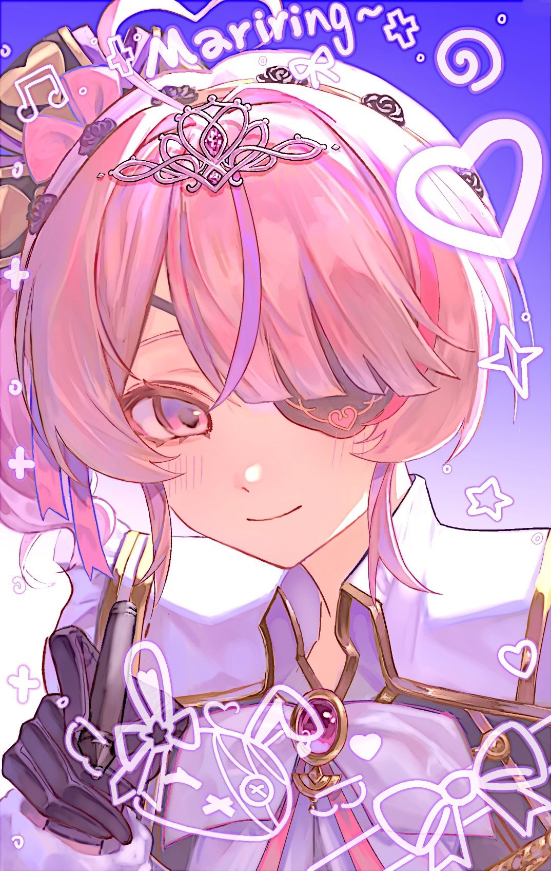 1girl, ahoge, black_gloves, blush, bow, drawing_on_fourth_wall, eyepatch, gloves