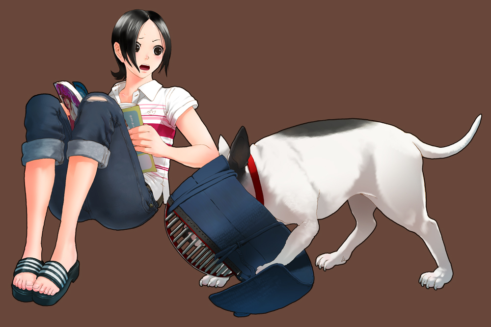 bad_id, black_eyes, black_hair, dog, nagasawa_shin, sandals, short_hair