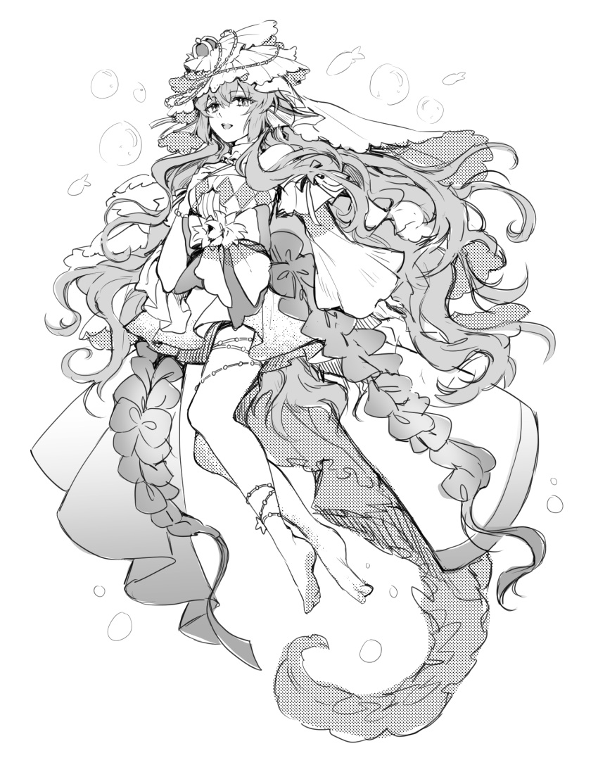 1girl, absurdly_long_hair, barefoot, bubble, crown, detached_sleeves, dress, finana_ryugu