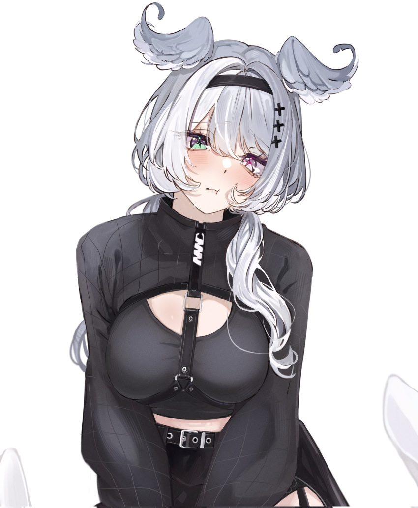 1girl, :t, aqua_eyes, blush, chest_harness, cross-shaped_pupils, elira_pendora, elira_pendora_(5th_costume)