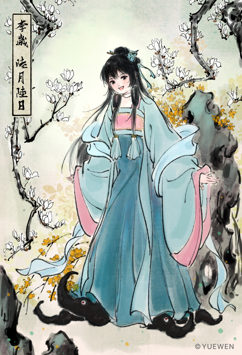 1girl, absurdres, black_hair, blue_dress, branch, character_name, chinese_clothes, chinese_commentary