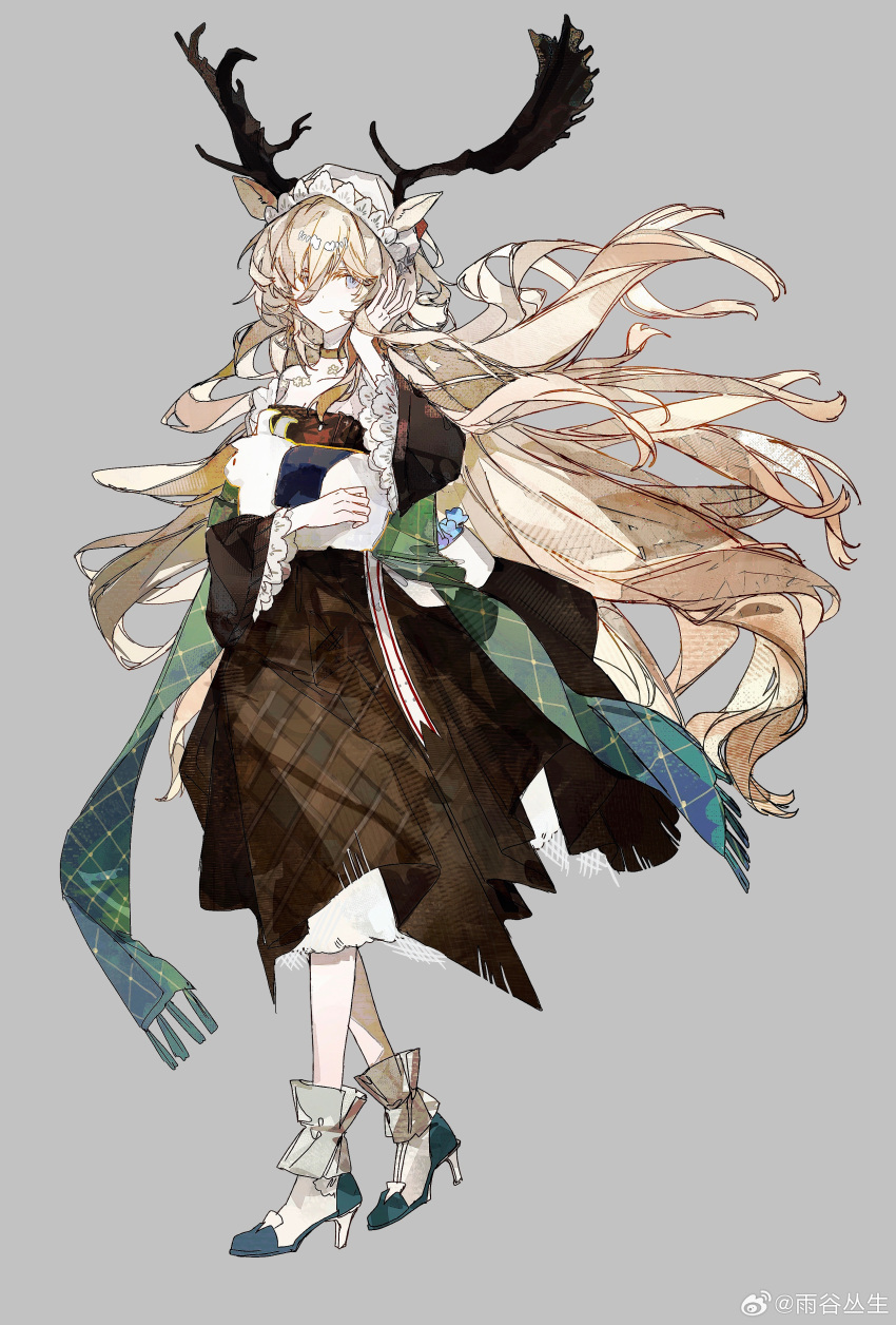 1girl, absurdres, adjusting_hair, animal_ears, antlers, arknights, artist_name, blonde_hair