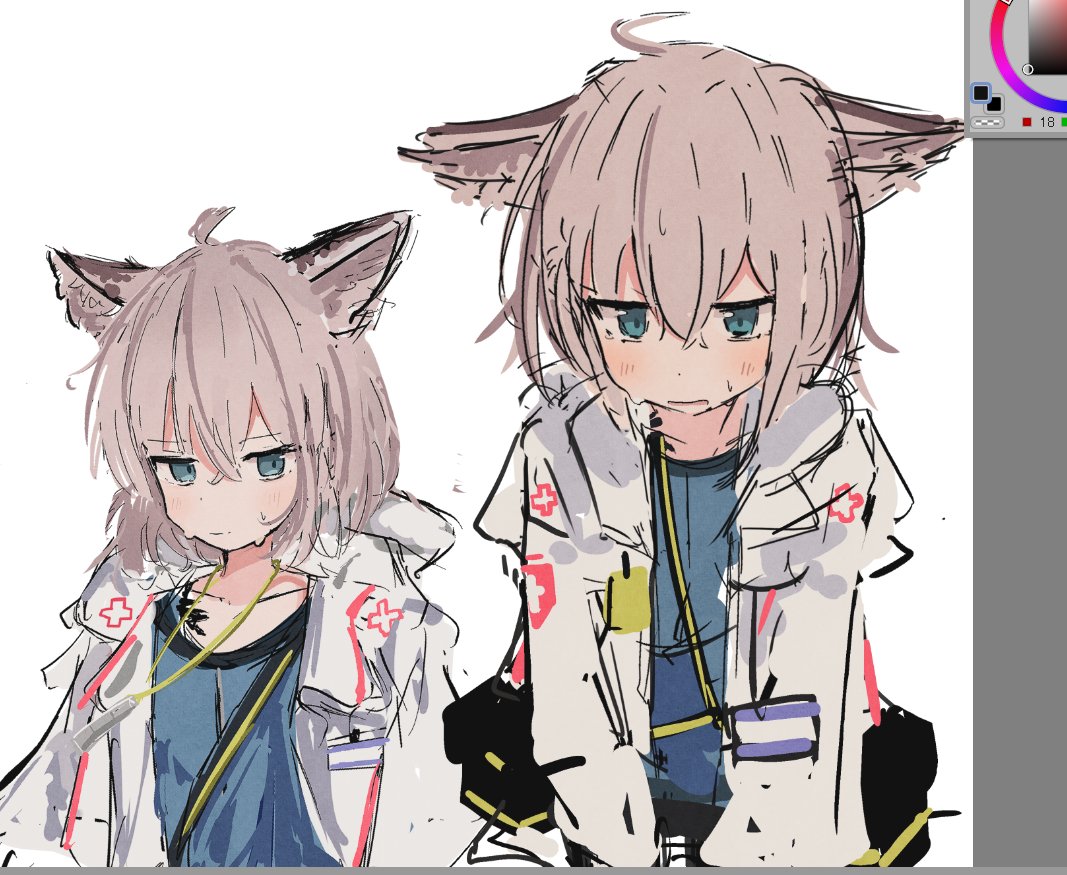 1girl, ahoge, animal_ear_fluff, animal_ears, arknights, blue_eyes, blue_shirt, blush, brown_hair, closed_mouth, collarbone, fox_ears, fox_girl, hair_between_eyes, hood, hood_down, hooded_jacket, ichiha_(ichi_u2), jacket, long_sleeves, material_growth, multiple_views, open_clothes, open_jacket, oripathy_lesion_(arknights), shirt, simple_background, sketch, sussurro_(arknights), sweat, upper_body, white_background, white_jacket