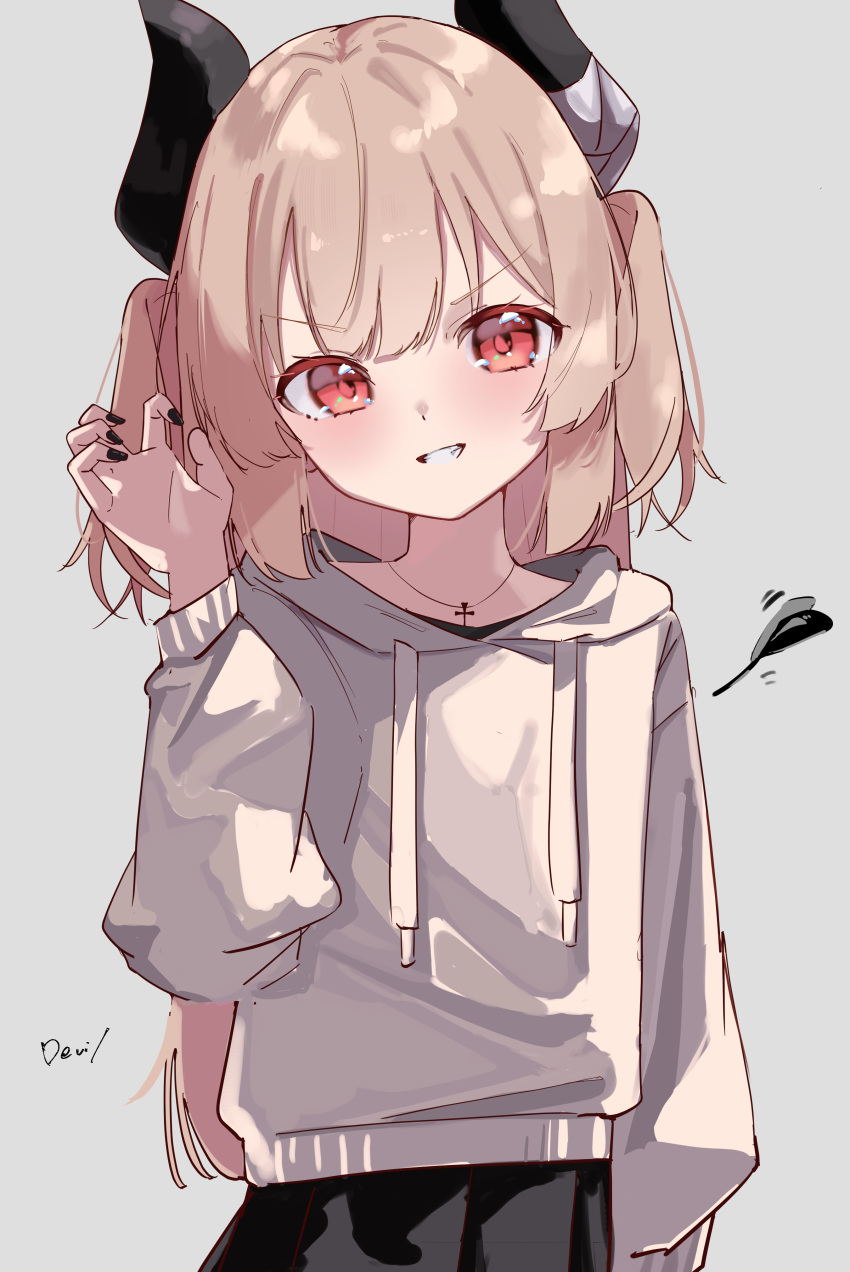 1girl, absurdres, aoi_(swoi_ekk), black_nails, black_skirt, blush, cross, cross_necklace