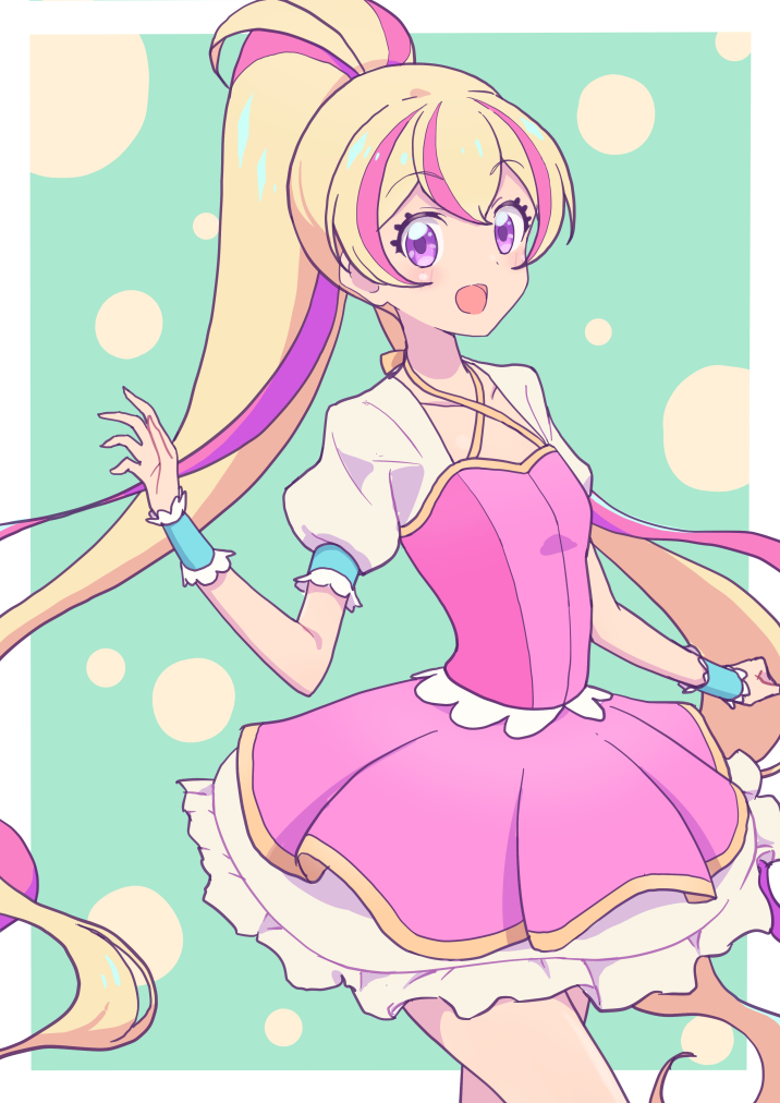 1girl, :d, aikatsu!_(series), aikatsu_planet!, blonde_hair, blue_background, border, cbgb