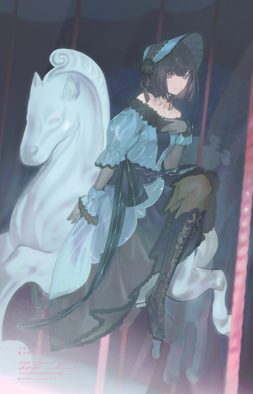 1girl, absurdres, amusement_park, bare_shoulders, black_capelet, black_dress, black_eyes, black_gloves, black_hair, blue_dress, boots, breasts, capelet, carrousel, dress, fate/grand_order, fate_(series), fur_hat, gloves, hair_between_eyes, hand_on_own_chest, hat, highres, horseback_riding, juliet_sleeves, kuonji_alice, leg_between_thighs, long_sleeves, looking_at_viewer, mahou_tsukai_no_yoru, puffy_sleeves, reien_girl's_academy_school_uniform, riding, school_uniform, short_hair, sidesaddle, skirt, sleeve_cuffs, smile, solo, thigh-highs, type-moon, yuishironeko