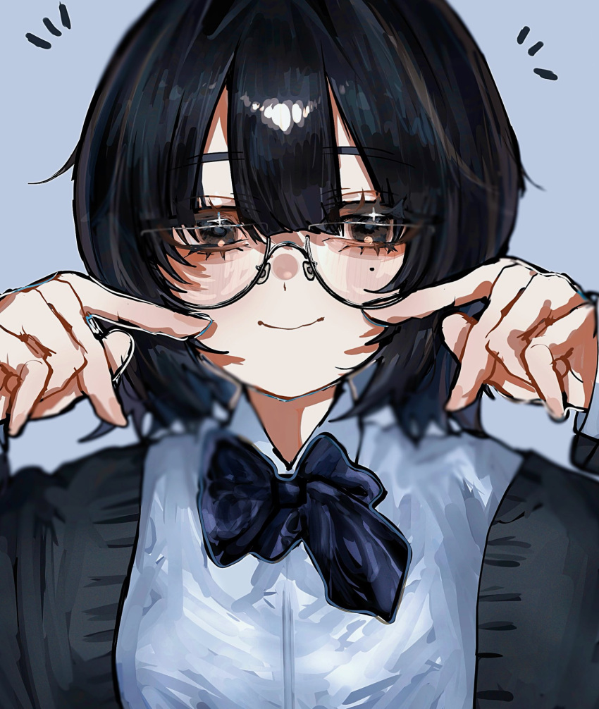 1girl, adjusting_eyewear, black-framed_eyewear, blunt_bangs, blush, brown_hair, closed_mouth, glasses