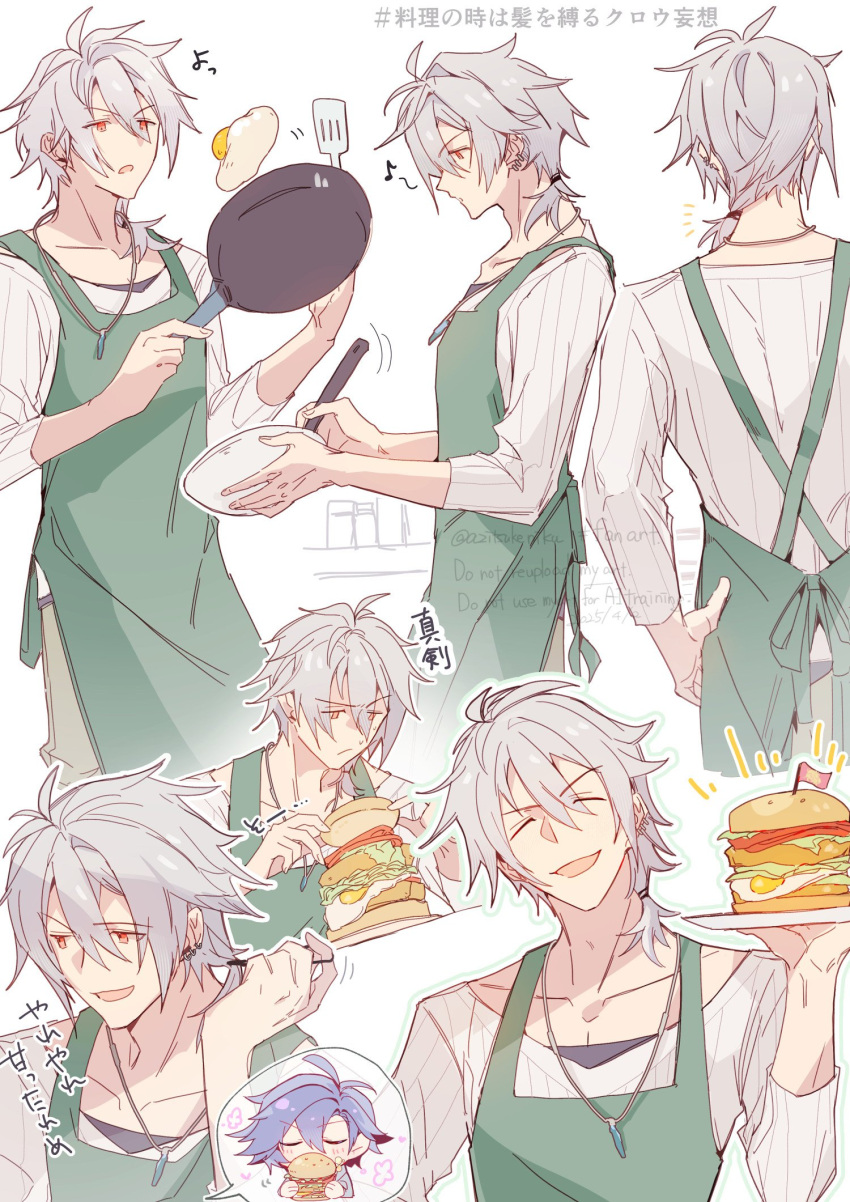 2boys, ahoge, apron, azitsukeniku, blue_hair, burger, chibi, cooking