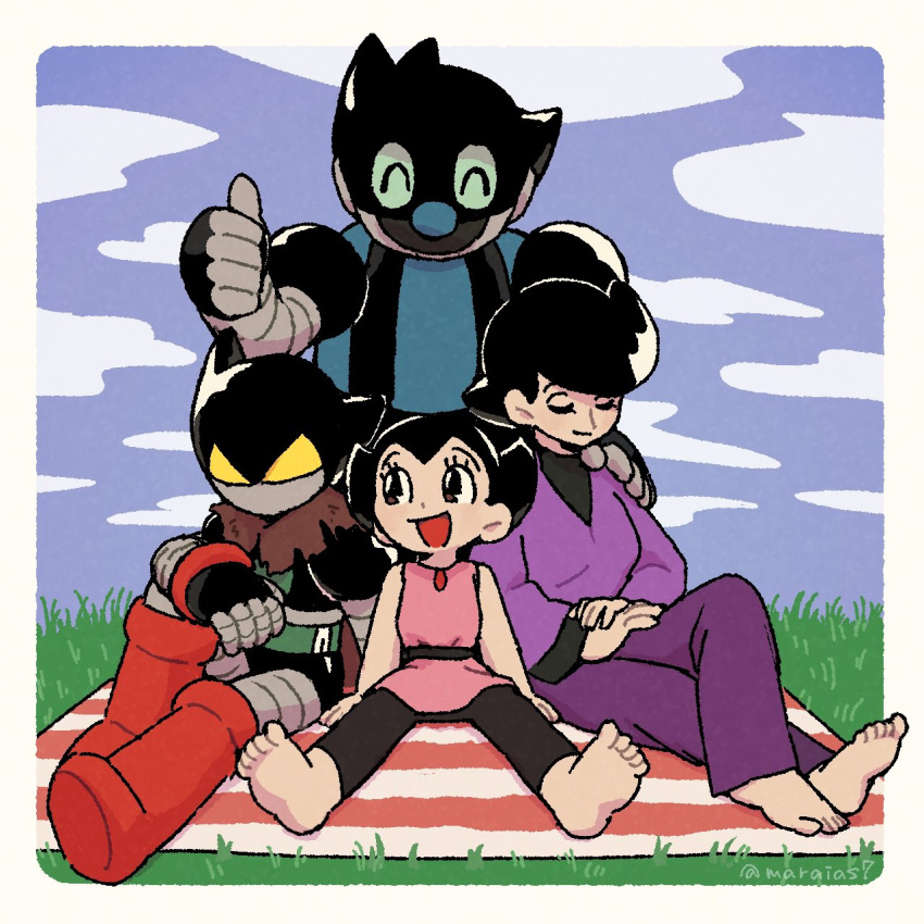 alternate_universe, atom_(tetsuwan_atom), barefoot, blue_sky, brother_and_sister, cape, closed_eyes, clouds, cloudy_sky, dress, ethanol_(tetsuwan_atom), family, father_and_daughter, father_and_son, grass, hand_on_another's_shoulder, highres, husband_and_wife, joints, long_sleeves, marias_(harako), mother_and_daughter, mother_and_son, non-humanoid_robot, pants, picnic, picnic_blanket, pink_dress, rin_(tetsuwan_atom), robot, robot_joints, siblings, sky, tetsuwan_atom, thumbs_up, torn_cape, torn_clothes, uran_(tetsuwan_atom), yellow_eyes