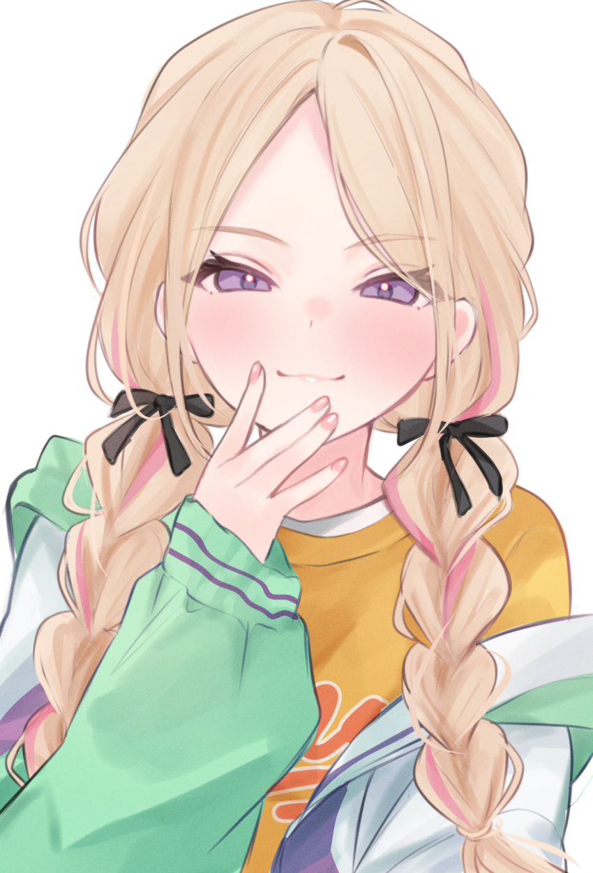 1girl, black_ribbon, blonde_hair, borrowed_hairstyle, braid, commentary_request, cosplay, fingernails