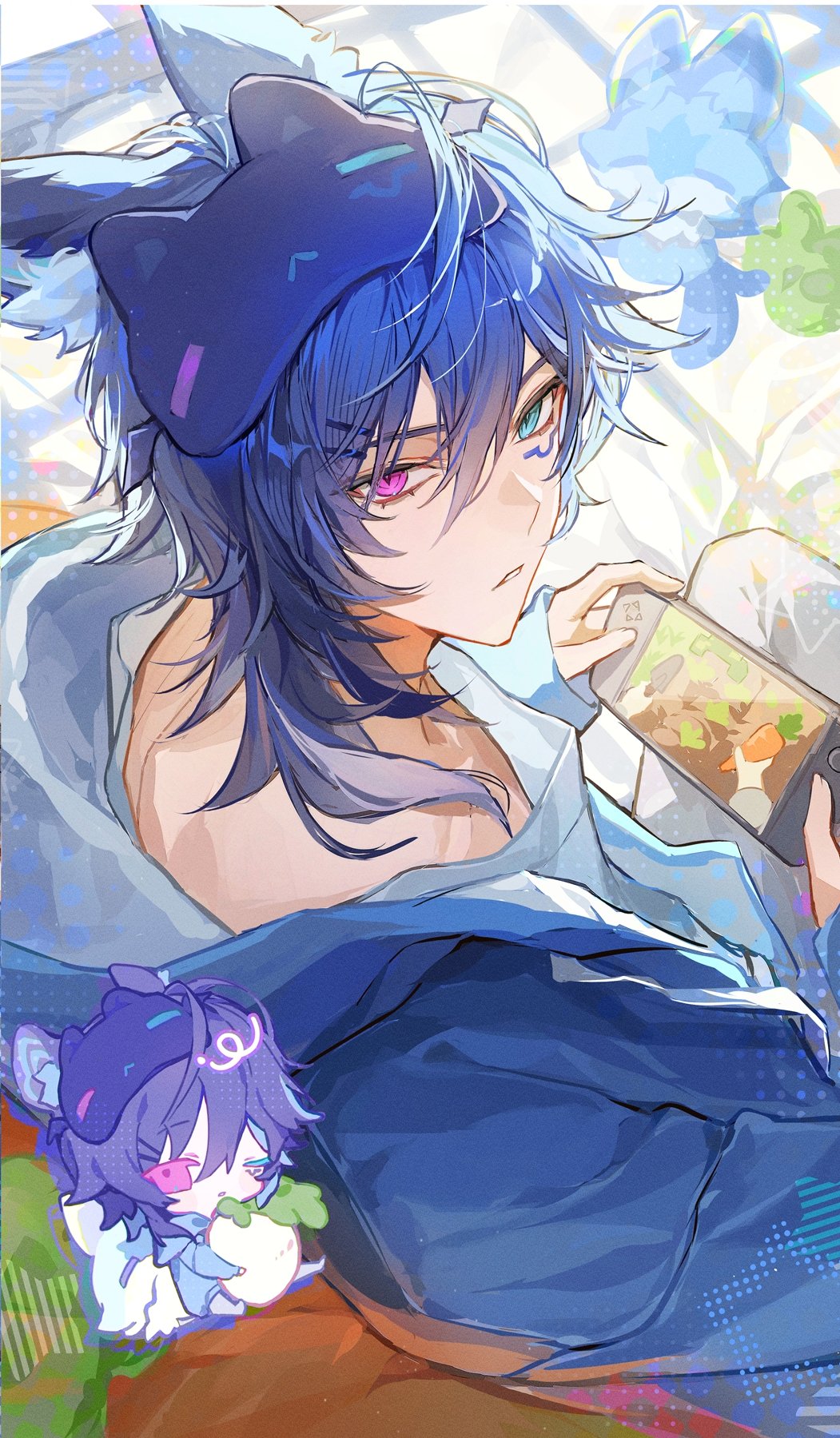 1boy, animal_ear_fluff, animal_ears, bat_ears, blue_eyes, blue_hair, blue_hoodie, chibi, collarbone, commentary, facial_mark, genshin_impact, hair_between_eyes, hair_ornament, hairclip, heterochromia, highres, holding, holding_phone, hood, hood_down, hoodie, iktomisaurus_(genshin_impact), light_rays, looking_at_viewer, male_focus, mask, mask_on_head, medium_hair, nong_345, open_clothes, open_hoodie, ororon_(genshin_impact), pants, parted_lips, phone, radish, shirt, sidelocks, sitting, sleep_mask, solo, violet_eyes, white_pants, white_shirt