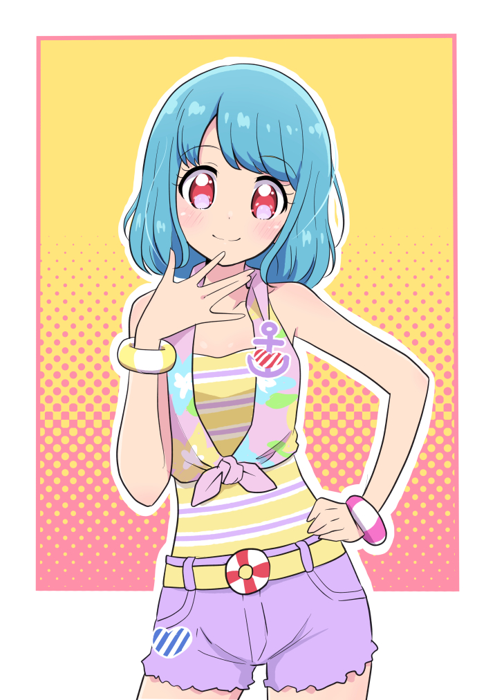 1girl, bare_shoulders, belt, blue_hair, border, bracelet, cbgb, closed_mouth