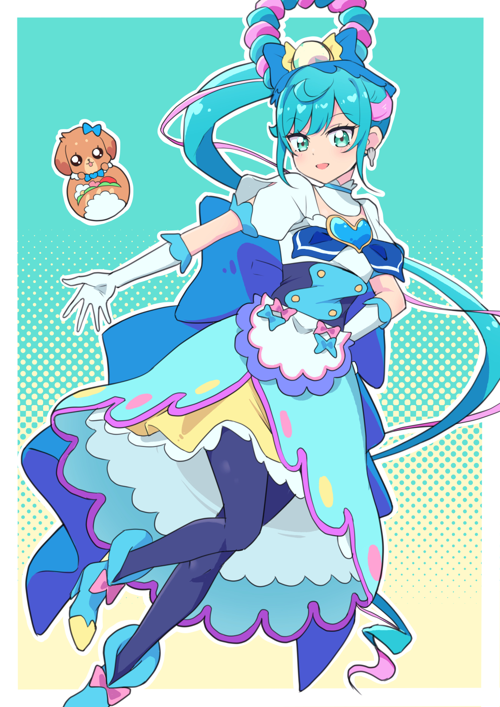 1girl, :d, back_bow, blue_bow, blue_dress, blue_hair, blue_pantyhose, blue_theme