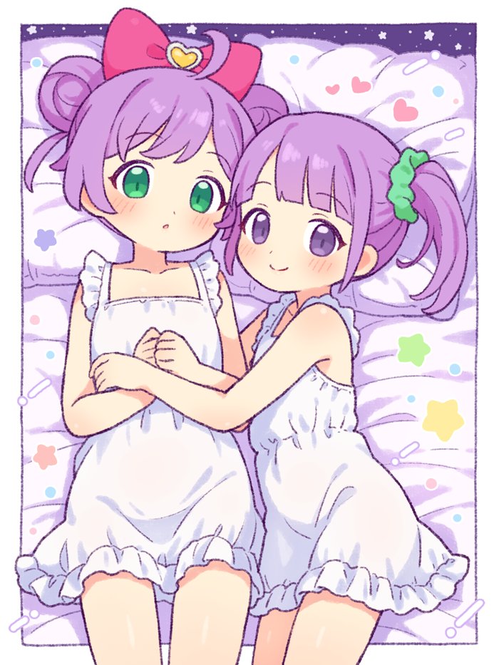 2girls, :o, ahoge, blush, border, bow, chemise, closed_mouth