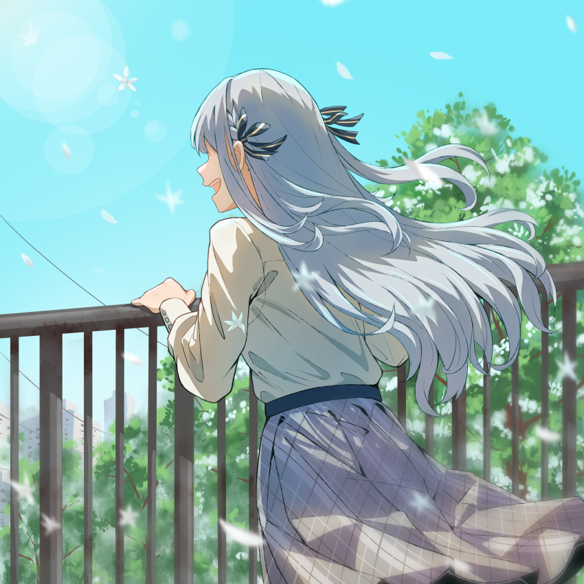 1girl, absurdres, bang_dream!, bang_dream!_it's_mygo!!!!!, black_ribbon, blue_hair, blue_sky, highres