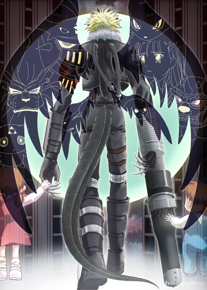 1girl, 2boys, absurdres, ai_(digimon_tamers), arm_cannon, beelzebumon, beelzebumon_blast_mode, black_boots