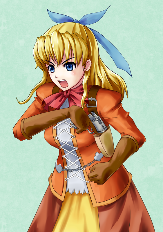 1girl, aqua_background, belt, blonde_hair, blue_eyes, chain, chains, collar, corset, dress, gloves, gun, hair_ribbon, long_hair, maya_schrodinger, open_mouth, orange_dress, pistol, ribbon, sabakan, simple_background, weapon, wild_arms, wild_arms_3