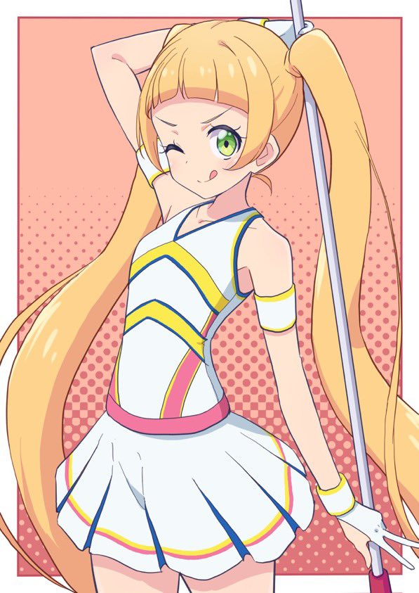 1girl, ;q, aikatsu!_(series), aikatsu_friends!, arm_up, bare_shoulders, blonde_hair, blunt_bangs