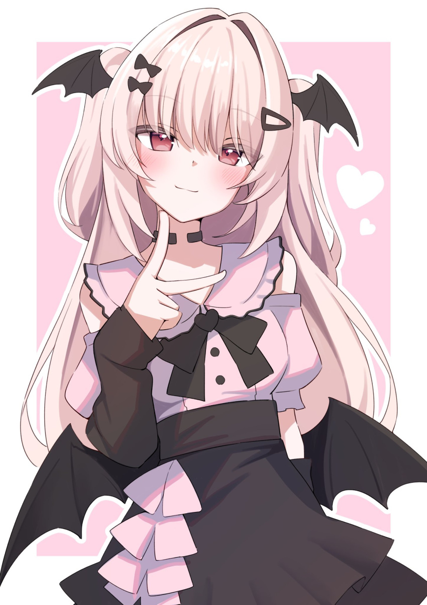1girl, :3, bare_shoulders, bat_wings, black_bow, black_bowtie, black_choker, black_skirt
