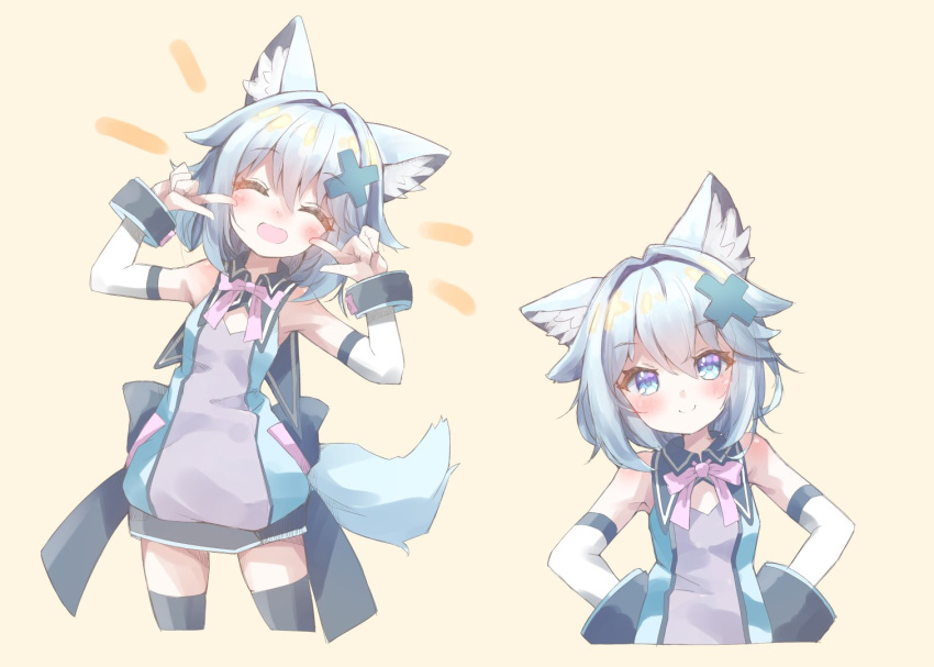 1girl, :d, ^_^, animal_ear_fluff, animal_ears, arms_up, back_bow, bare_shoulders