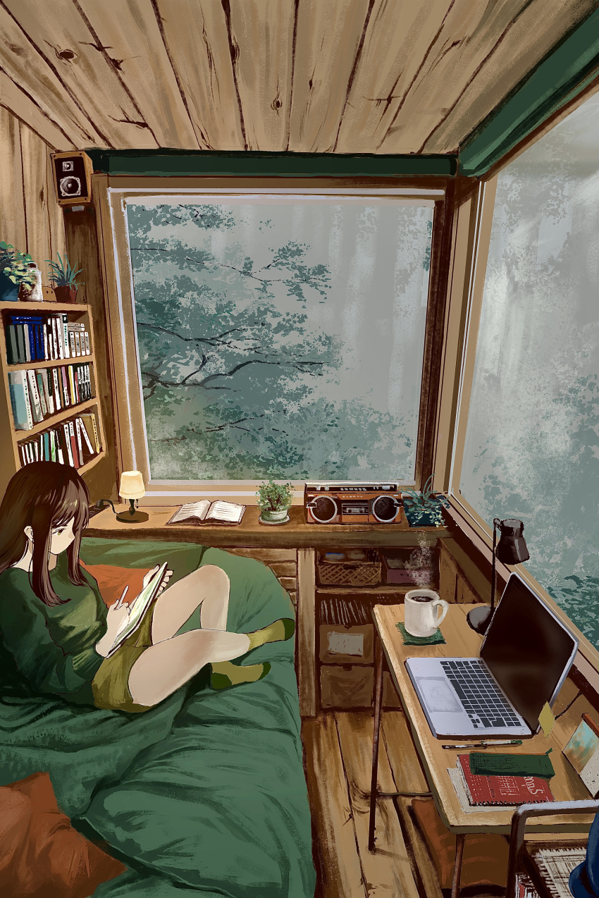 1girl, absurdres, book, brown_hair, cabinet, commentary, computer, crossed_legs